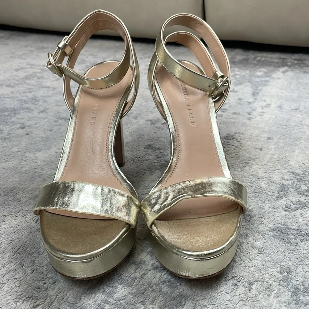 Veronica Beard Darcelle Platform Stiletto Sandal Heels Metallic Gold Sz 9.5